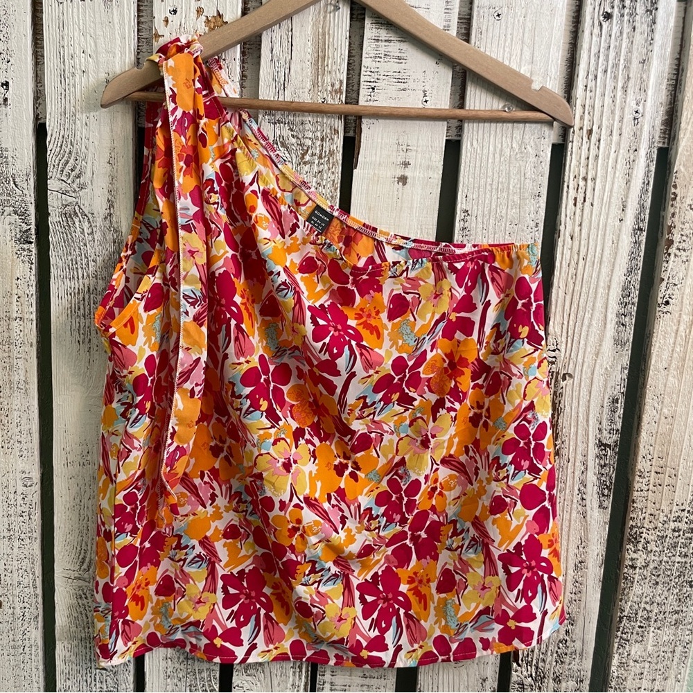 Gomorn‎ Floral Print One Shoulder Top Size XL Orange Red Boho Whimsical Cottage